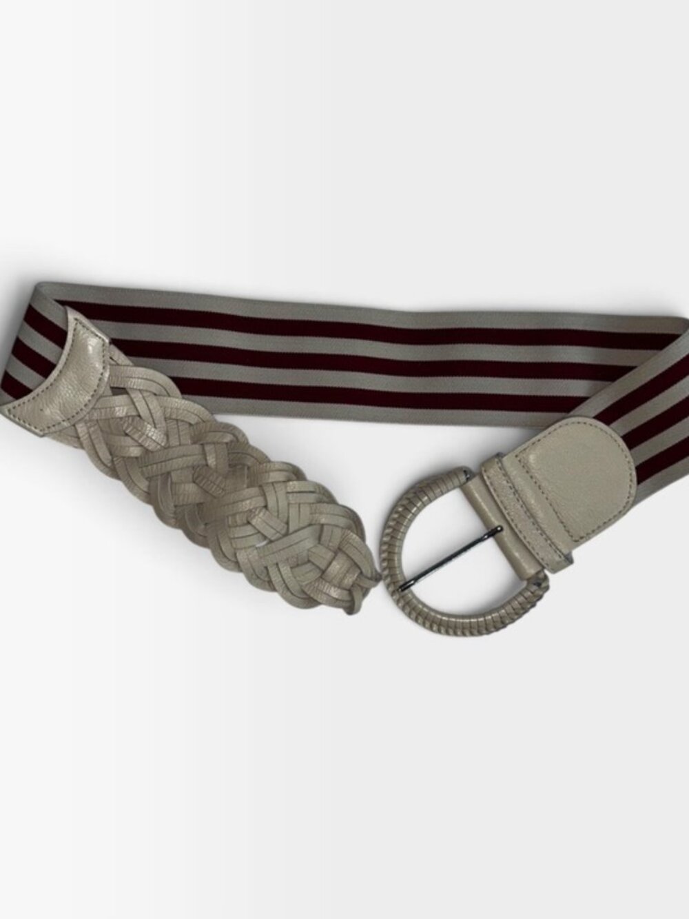 Motif 56 white red striped stretch canvas braided leather wide statement belt L